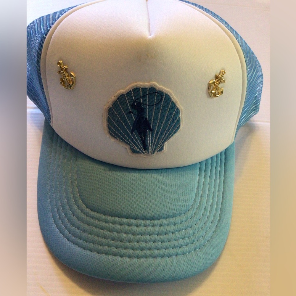 NEW! Upcycled Blue and White Trucker Hat with Gold Accents